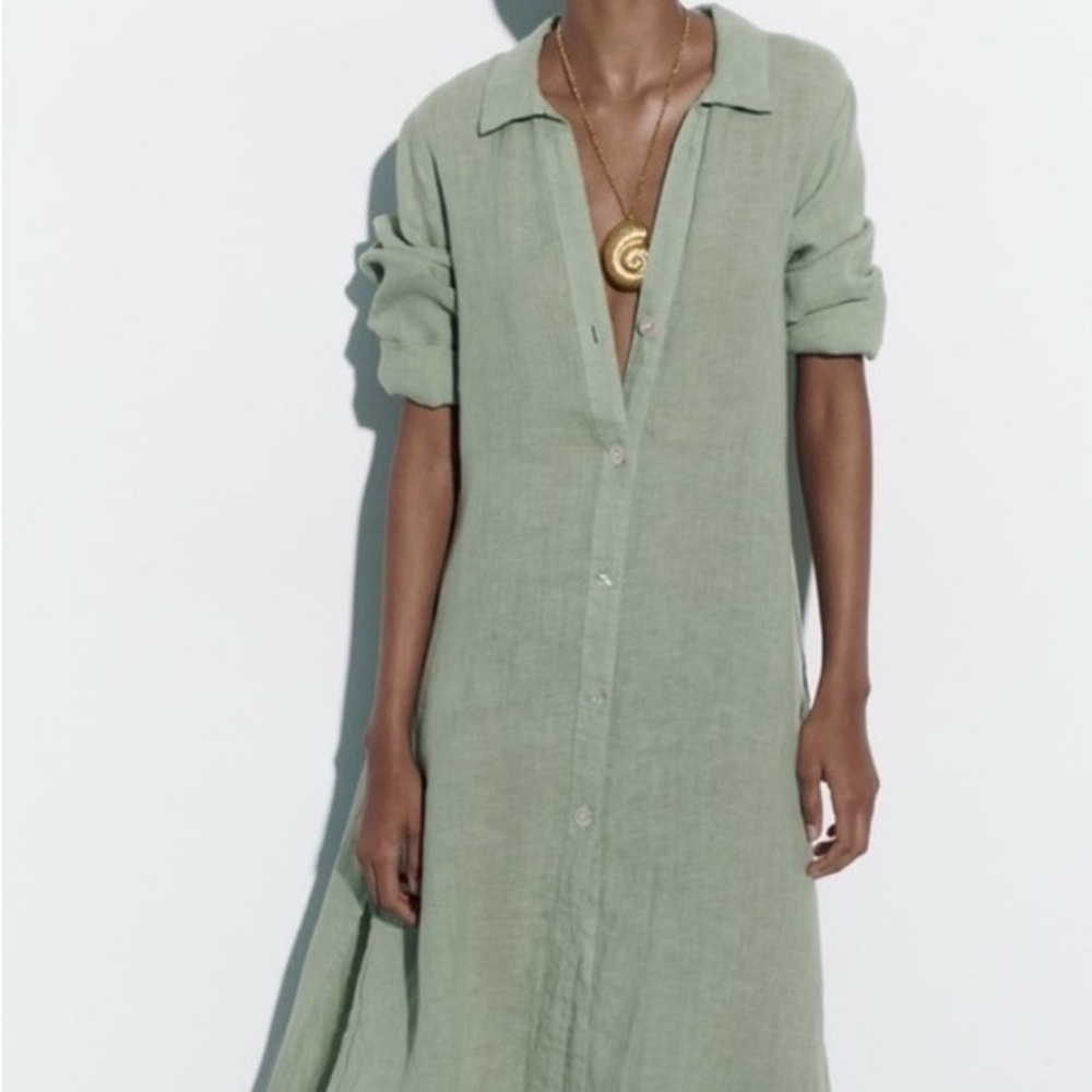 Green Linen Button-Up Dress